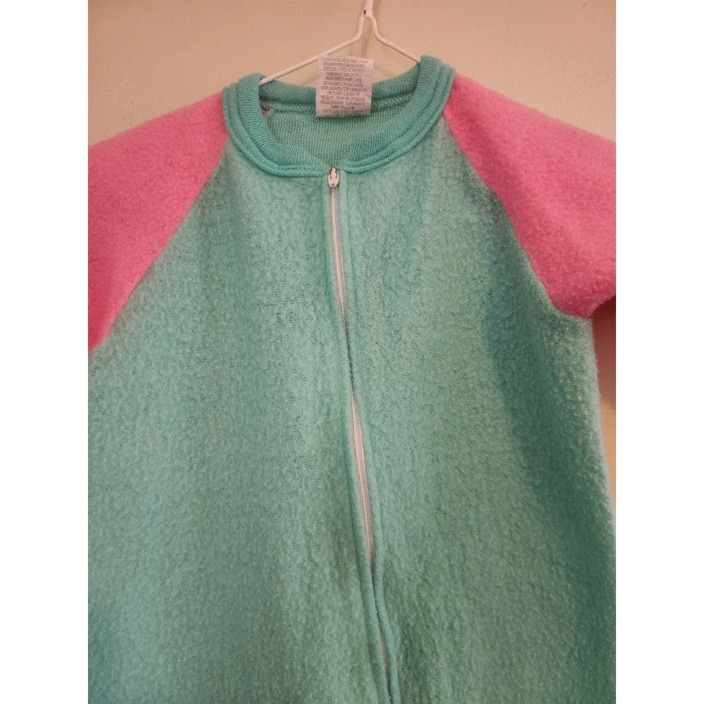 Vintage Colorblock Pink And Teal Kids One Piece Zip Up Pajamas Size 3T‎ USA Made